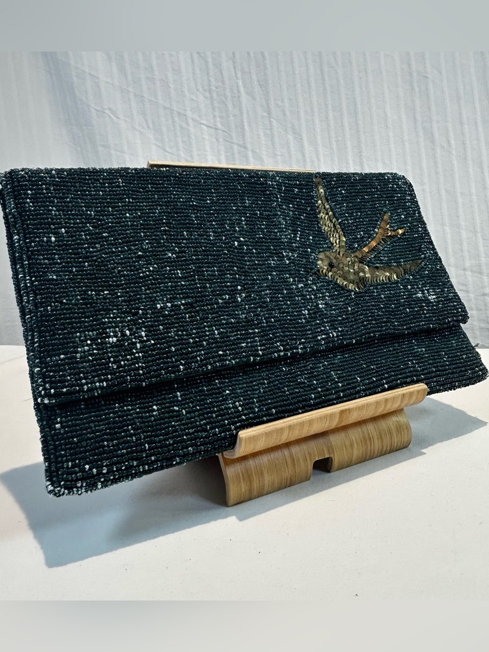 Corey Lynn Calter Beaded Dark Green Gold Swallow Envelope Foldover Clutch